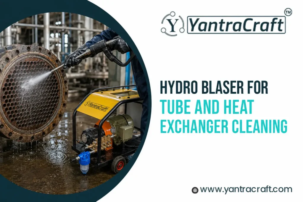Hydro blaster cleaning industrial heat exchanger tubes with high-pressure water