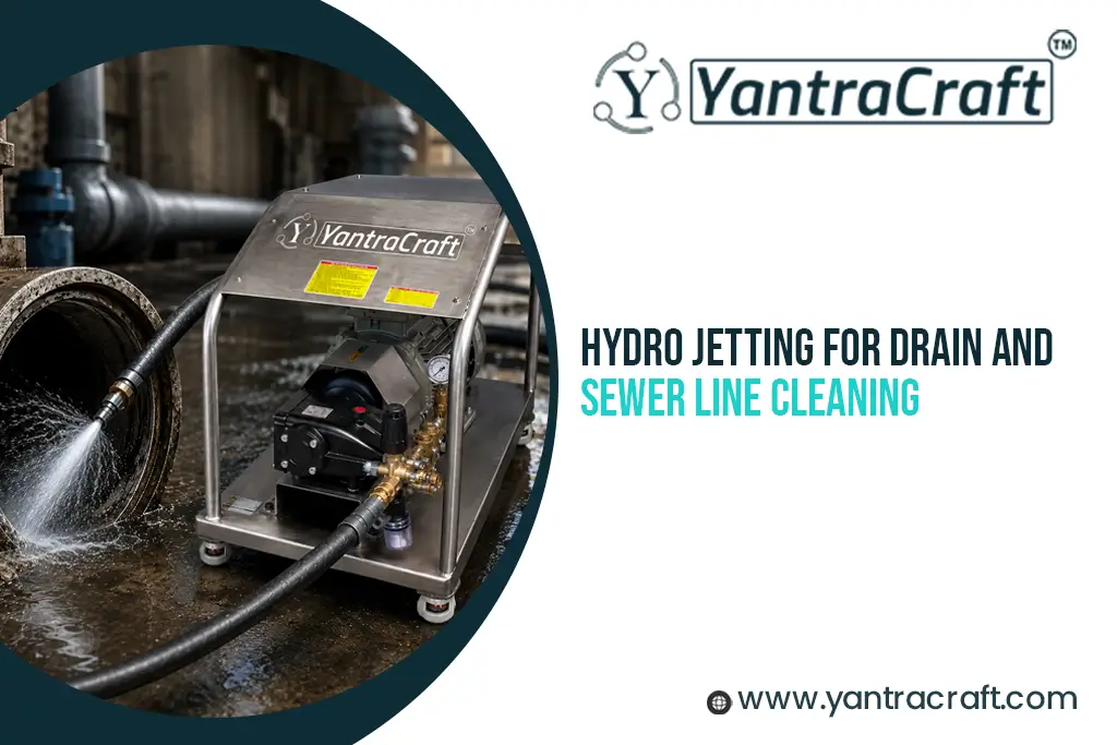 Hydro jetting machine cleaning industrial drain and sewer pipeline using high-pressure water